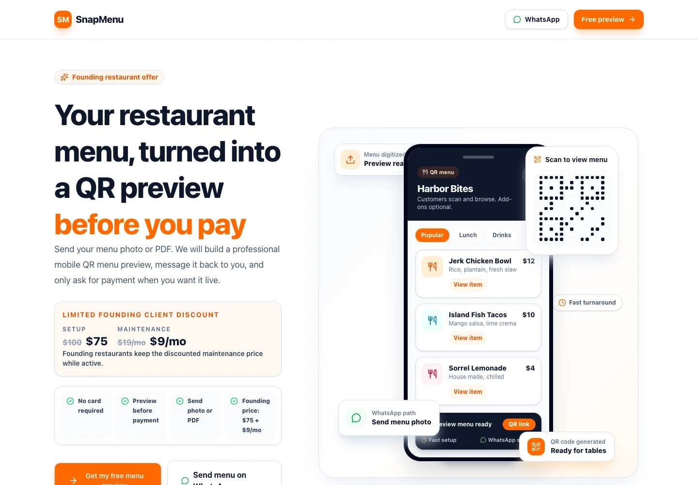 SnapMenu restaurant menu-to-QR preview offer